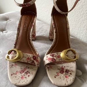 Unique Coach floral open toe ankle strap heels